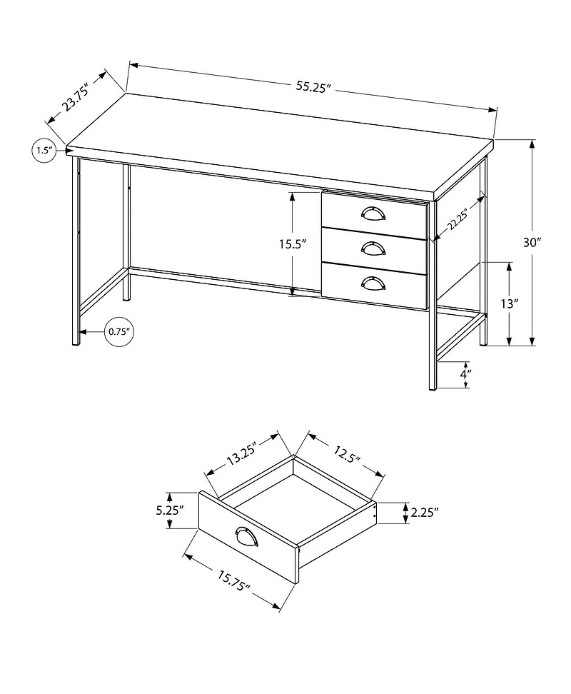 Monarch Specialties Bureau, Bureau À Domicile, Ordinateur Portable, Tiroirs De Rangement, 55"l, Travail, Métal, Stratifié, Brun, Noir, Contemporain, Moderne