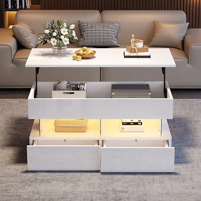 Table basse relevable Noble House avec éclairage DEL et 2 tiroirs, blanche