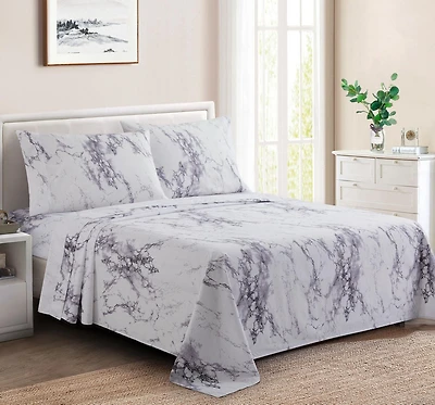 Marina Decoration Printed 600 Thread Count Soft Deep Pocket Hotel Standard Long Staple Cotton Blend Percale All Season Bedding Sheet Set, White Marble Pattern