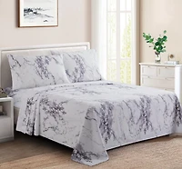 Marina Decoration Printed 600 Thread Count Soft Deep Pocket Hotel Standard Long Staple Cotton Blend Percale All Season Bedding Sheet Set, White Marble Pattern