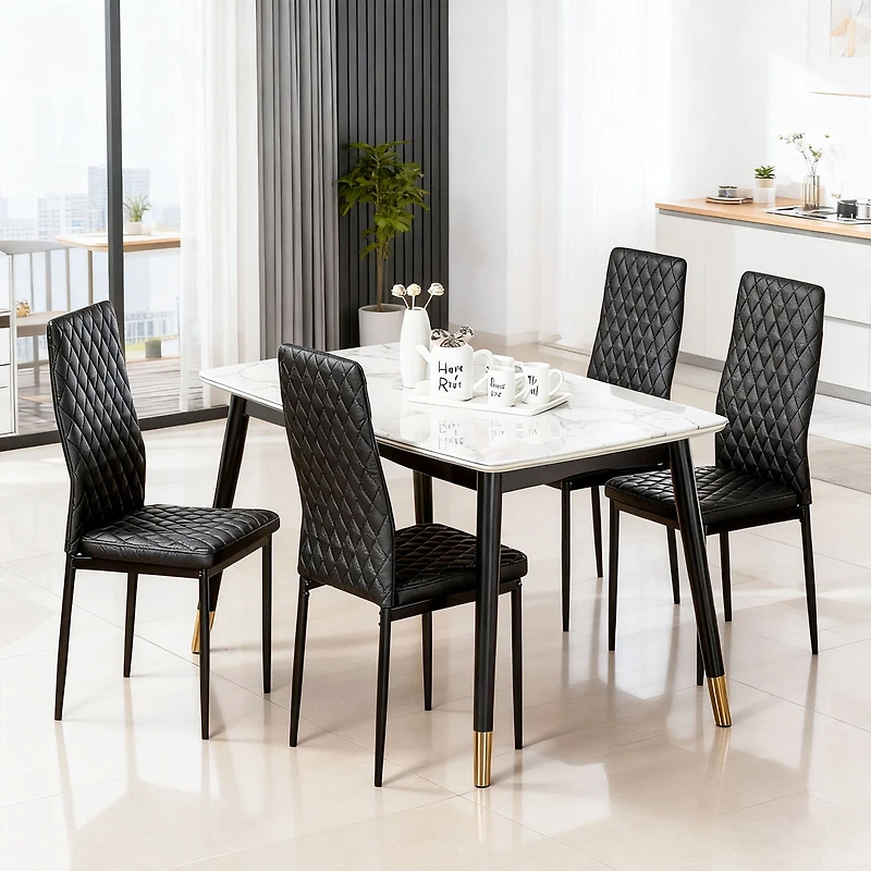 Noble House Modern Dining Chair Set of 4, Fireproof Leather Upholstery with Diamond Grid Pattern and Metal Frame,Black