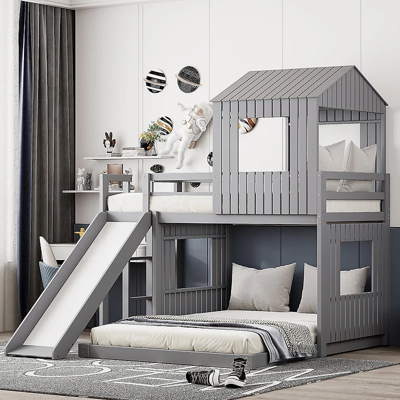 Homy Casa Lit superposé simple sur double, lit maison en bois 89 po avec glissade, garde-corps et lattes, gris