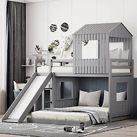 Homy Casa Lit superposé simple sur double, lit maison en bois 89 po avec glissade, garde-corps et lattes, gris