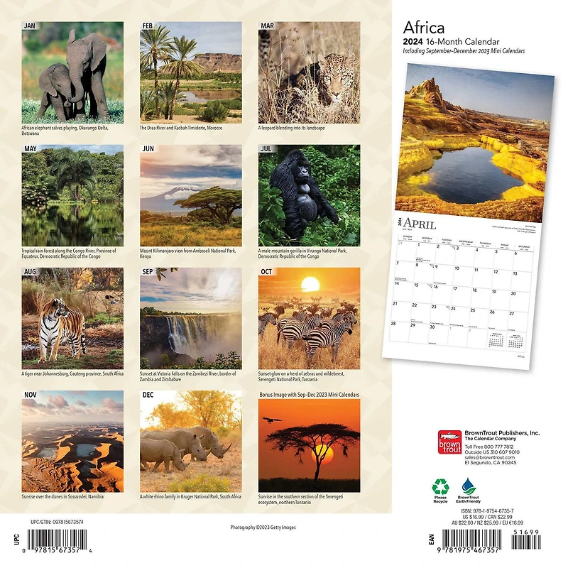 BrownTrout Africa 2024 12x24 Inch Square Wall Calendar, 9781975467357