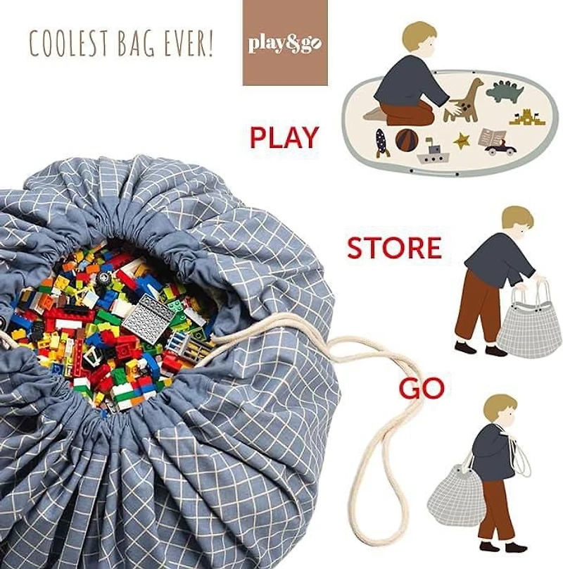 Play & Go - Motif Grille Bleue Intemporelle - Tapis de Jeu 3-en-1 - Sac de Rangement et Sac à Couches - Fabriqué en Coton Bio - Rangement Facile et Nettoyage Rapide - Diamètre 120 cm -Convient aux Nou