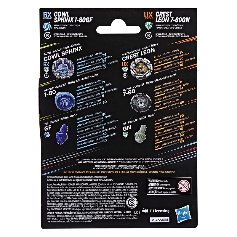 Beyblade X Dual Pack Cowl Sphinx 1-80GF et Crest Leon 7-60GN