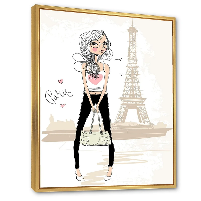 Designart Jolie fille près de la Tour Eiffel à Paris ART MURAL À CADRE FLOTTÉ