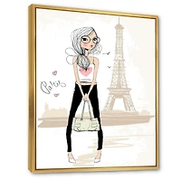 Designart Jolie fille près de la Tour Eiffel à Paris ART MURAL À CADRE FLOTTÉ