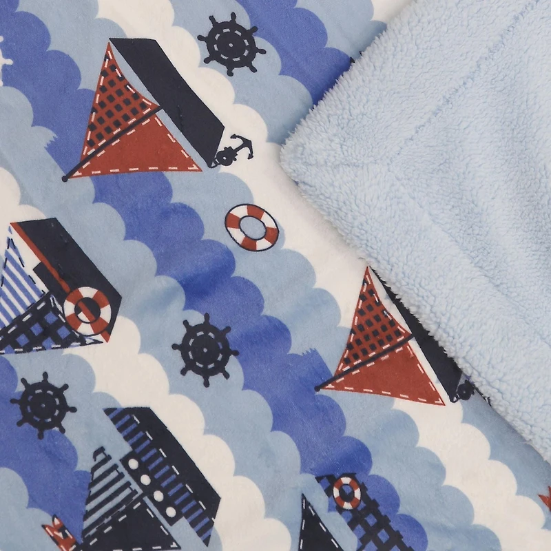 Marina Decoration Reversible Rich Printed Woven Fluffy Plush Soft Warm Flannel Fleece Children Throw Sherpa Kids Blanket, 40 x 50 Inch Nautical Sailing Boat with White Base Pattern