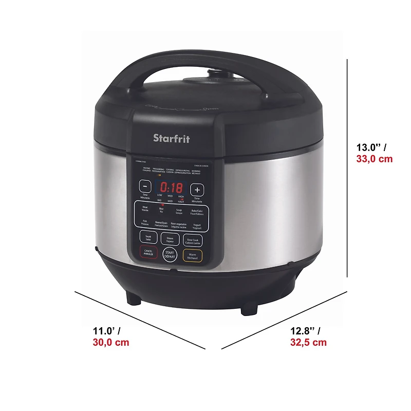 Starfrit Autocuiseur Électrique, Capacité de 8L (8,5Qt), Tasse à Mesure, Spatule et Plateau Vapeur Inclus, 11 Modes de Cuisson Préprogrammés, Noire