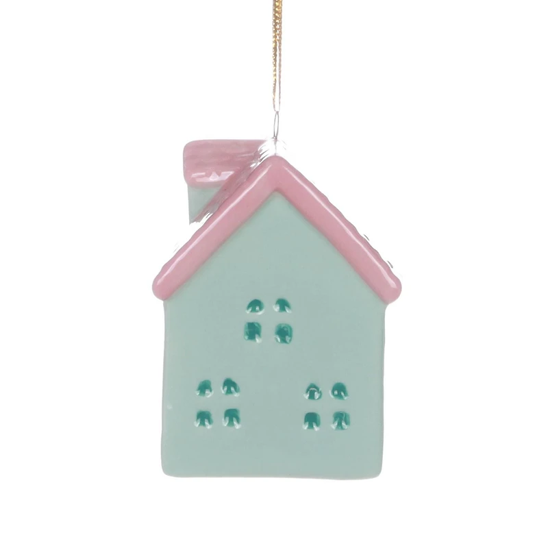 HOLIDAY TIME GREEN CERAMIC VILLAGE ORNAMENT