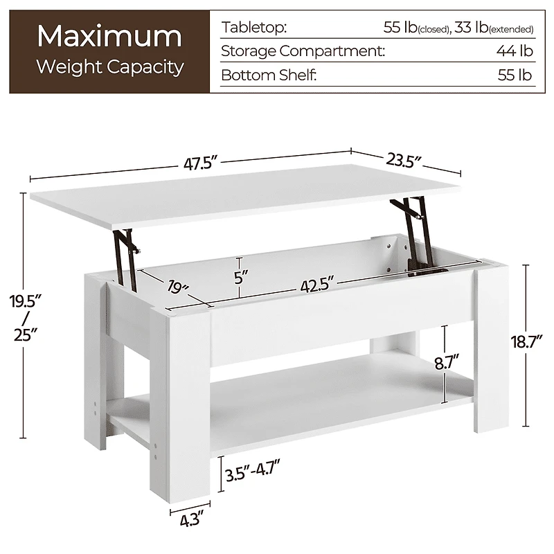 Fullfurnique Lift Top Coffee Table with Large Hidden Compartment and Storage Open Shelf, White