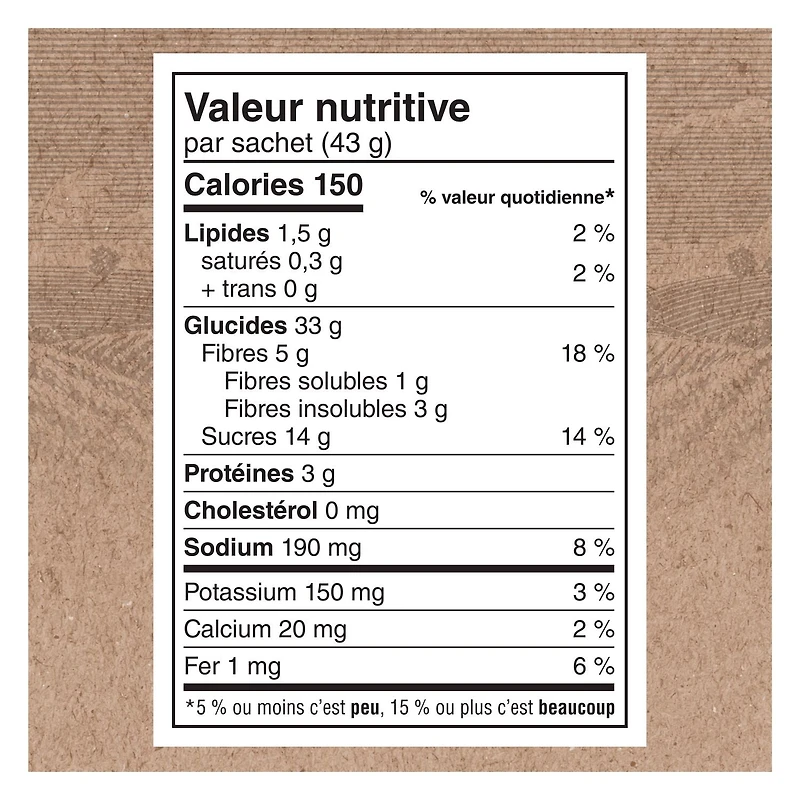 Quaker Gruau instantané Teneur élevée en fibres Raisins secs et épices 344 g.