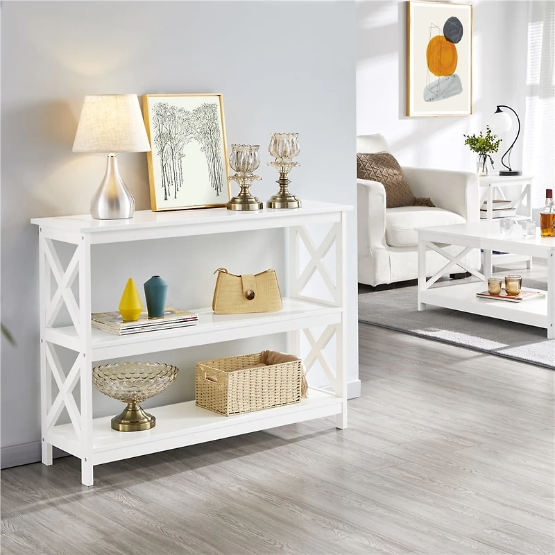 FULLFURNIQUE  3-Tier Console Table Entryway Table with X-shape Reinforcement Structures for Living Room, White