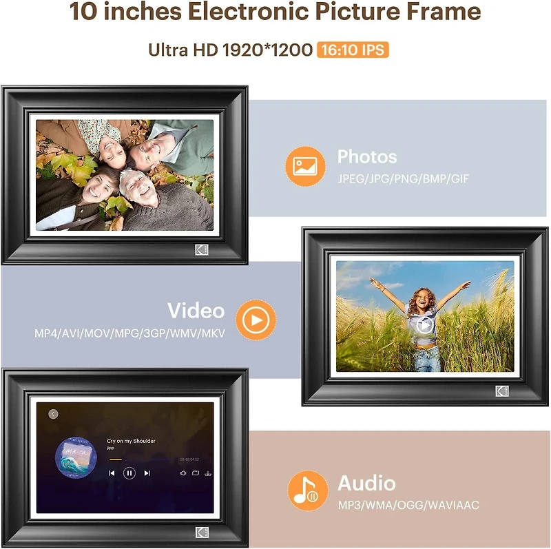 KODAK RWF-127 Cadre photo numérique WiFi, 10,1" FHD 1920 x 1200IPS, 32 Go, couleur noir rougeâtre, cadre en bois