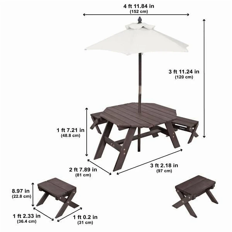 Ensemble de tabourets, parasol et table octogonale de bois - brun ours et beige