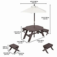 Ensemble de tabourets, parasol et table octogonale de bois - brun ours et beige