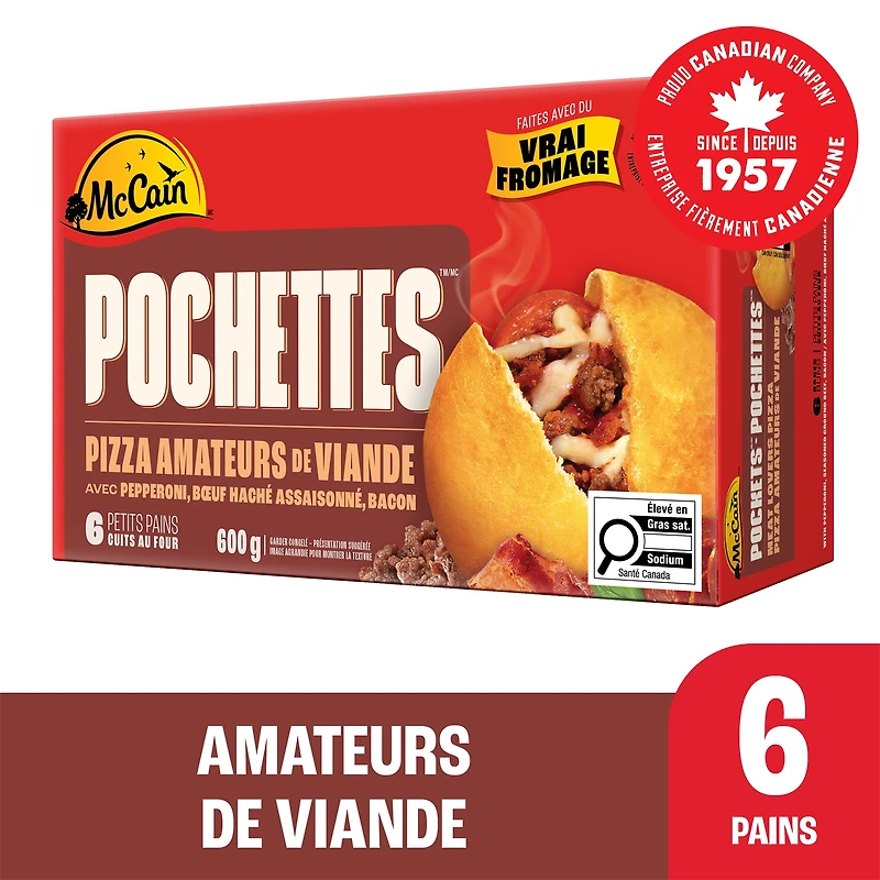 McCain® Pizza Pockets® Pizza Pockets Amateurs de Viande, Fabriqué au Canada à Partir d'Ingrédients Canadiens et Importés 6 x 100g