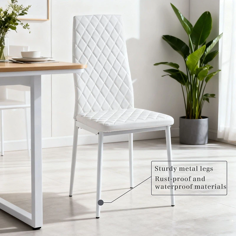 Noble House Ensemble de 4 Chaises de Salle à Manger Modernes, Revêtement en Cuir Ignifuge avec Motif à Carreaux en Diamant et Cadre en Métal, Blanc