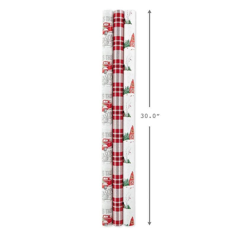Paquet de papier d'emballage Hallmark des fêtes, motif rustique de Noël (Paquet de 3, 120 pieds carrés au total), motif écossais, ferme, camionnette rouge, orignal, paysage boisé