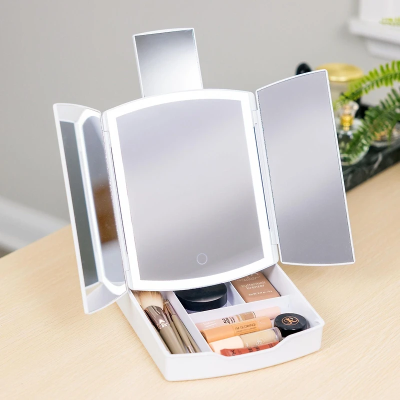 Portable Tri-Fold LED Mirror - Lighted Vanity Mirror with Storage Tray