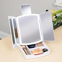 Portable Tri-Fold LED Mirror - Lighted Vanity Mirror with Storage Tray