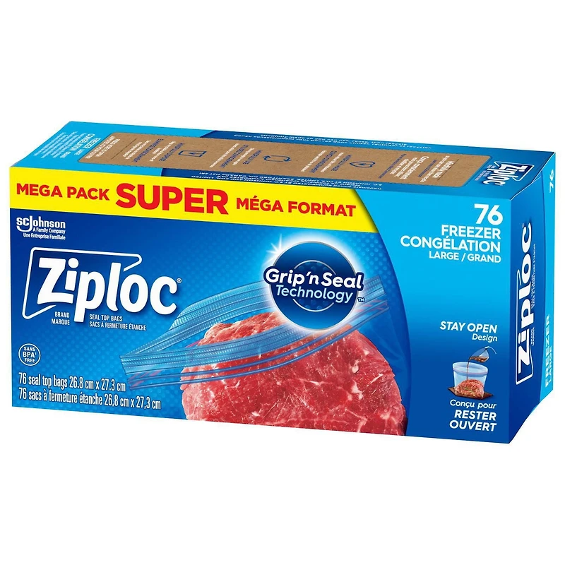 Ziploc Sacs de congélation grand format pour la conservation des aliments, Technologie Grip 'n Seal 76 sacs