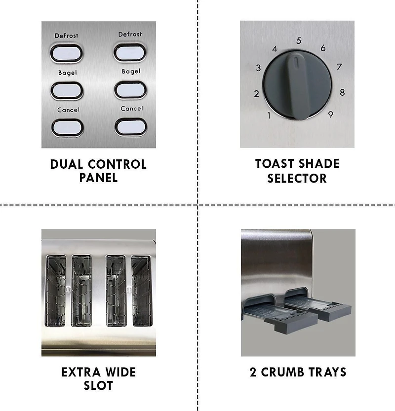 Kenmore Grille-Pain 4 Tranches, Commandes Doubles, Acier Inoxydable, Réglages de Brunissement Personnalisés