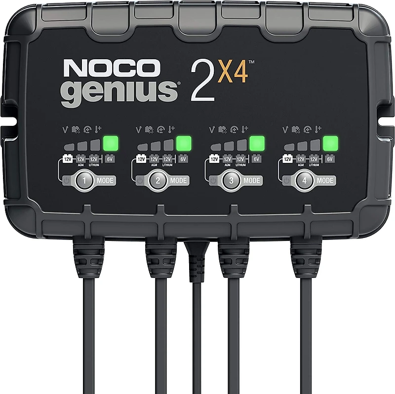 NOCO GENIUS2X4, 4-Bank, 8A (2A/Bank) Smart Car Battery Charger, 6V/12V Automotive Charger, Battery Maintainer, Trickle Charger, Float Charger and Desulfator for Motorcycle, ATV and Lithium Batteries