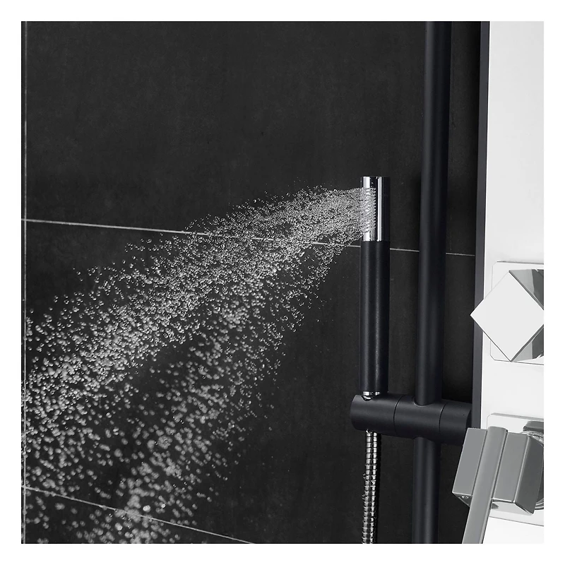 La colonne de douche MALI en acier inoxydable d'akuaplus®  avec cartouche à balancée équilibré et déviateurs 3 voies, 4 jets de corps orientable en laiton, Pommeau de 8 po et  douchette en laiton.