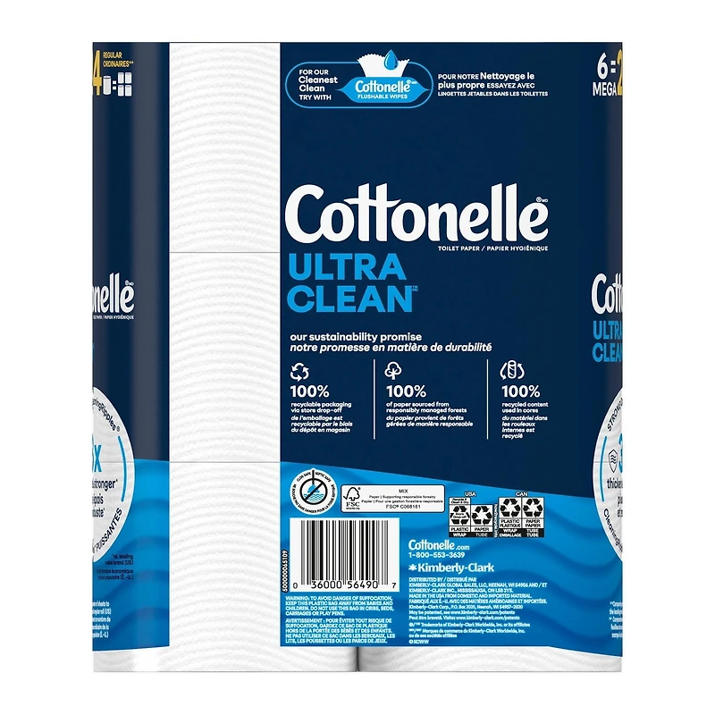 Cottonelle Ultra Clean Toilet Paper, Strong Toilet Tissue, 6 Mega Rolls (6 Mega Rolls = 24 Regular Rolls), 284 Sheets per Roll