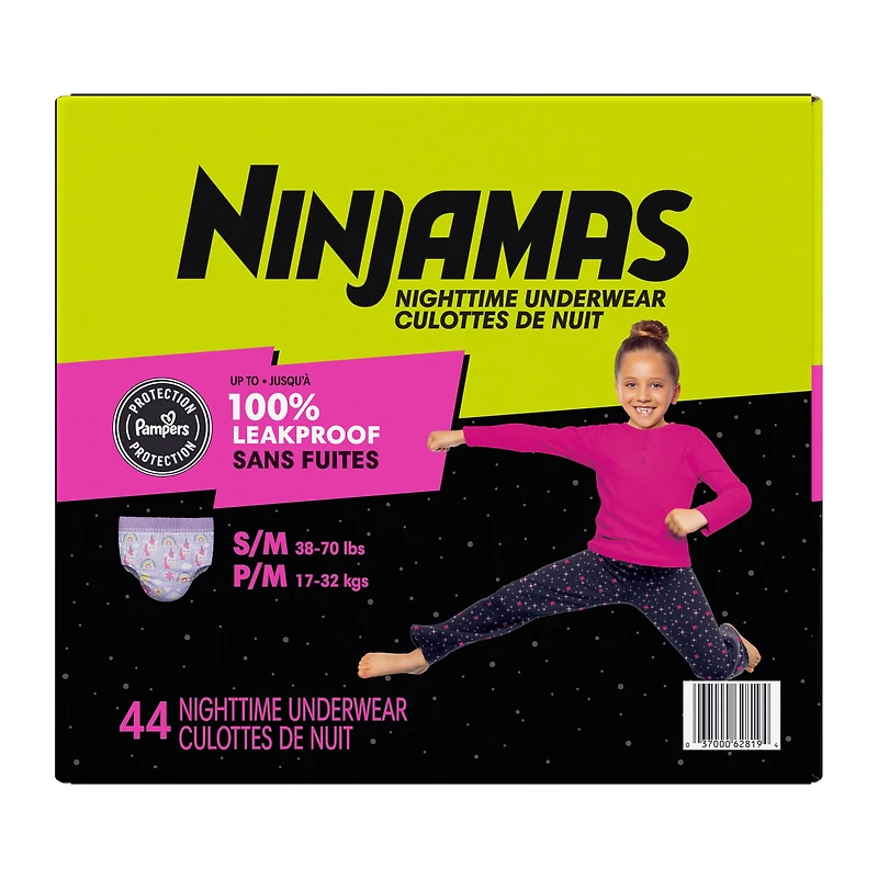 Ninjamas Nighttime Bedwetting Underwear Girl, Sizes S/M - L/XL, 34-44 Count