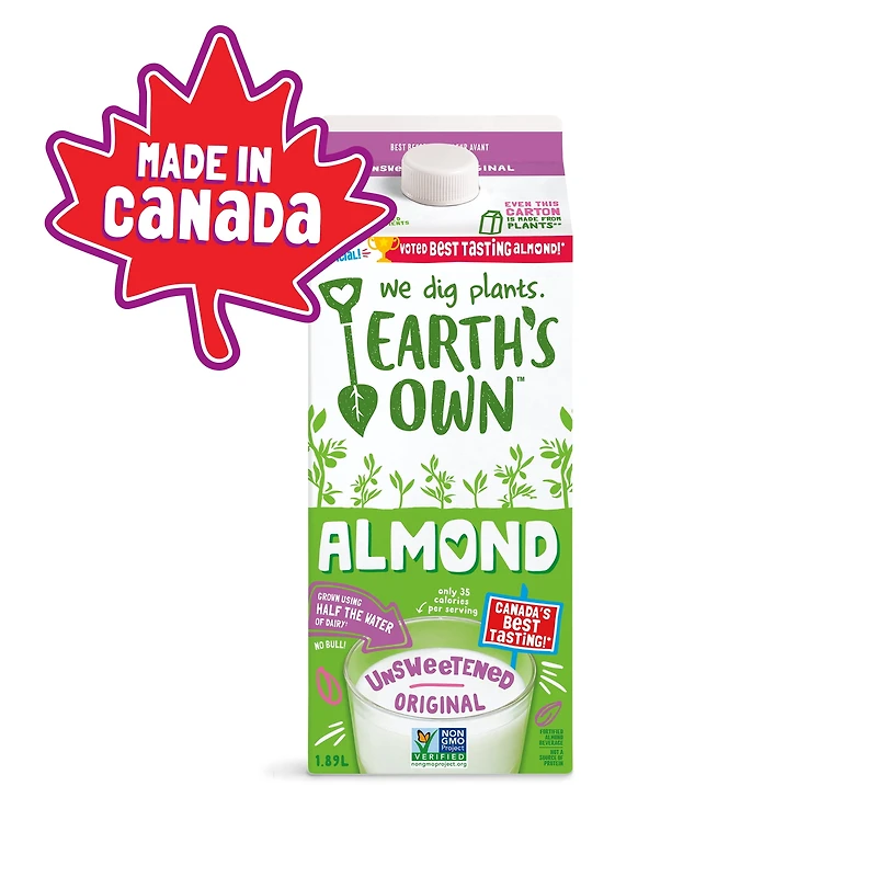 Earth's Own Almond Beverage, Unsweetened Original 1.89L, Earth's Own Almond Milk, Unsweetened Original, Dairy-Free, Plant-Based Beverage 1.89L