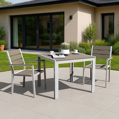 Ensemble de salle à manger de patio CorLiving Gallant 3 pièces en aluminium argenté et polybois taupe avec table carrée