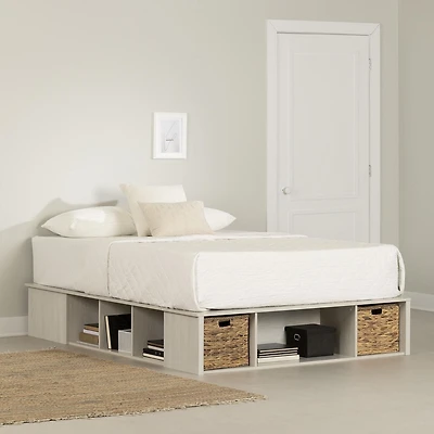 Lit avec paniers de rangement en osier inclus Queen, fini Chêne hivernal, collection Versa de Meubles South Shore