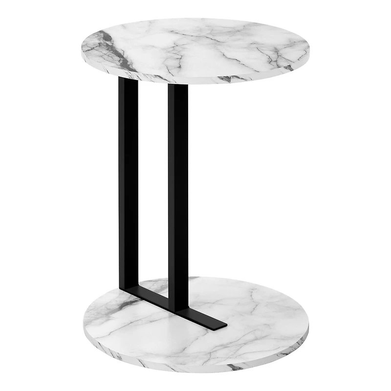 Monarch Specialties Accent Table, Side, Round, End, Nightstand, Lamp, Living Room, Bedroom, White Marble Look Laminate, Black Metal, Contemporary, Modern