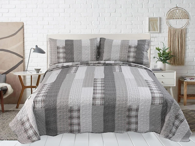 Marina Decoration Rich Printed Embossed Pinsonic Coverlet Bedspread Ultra Soft Bedding Summer Quilt Set with Shams, Modern Grey Striped Pattern