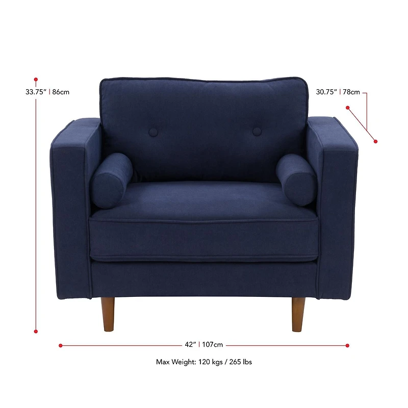 CorLiving Mulberry 2-Piece Mid-Century Modern Fabric Upholstered Living Room Set with Sofa and Chair, Navy Blue