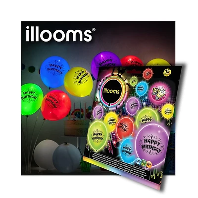 illooms Mixed Color Happy Birthday LED Light Up Balloons, Pack of 15