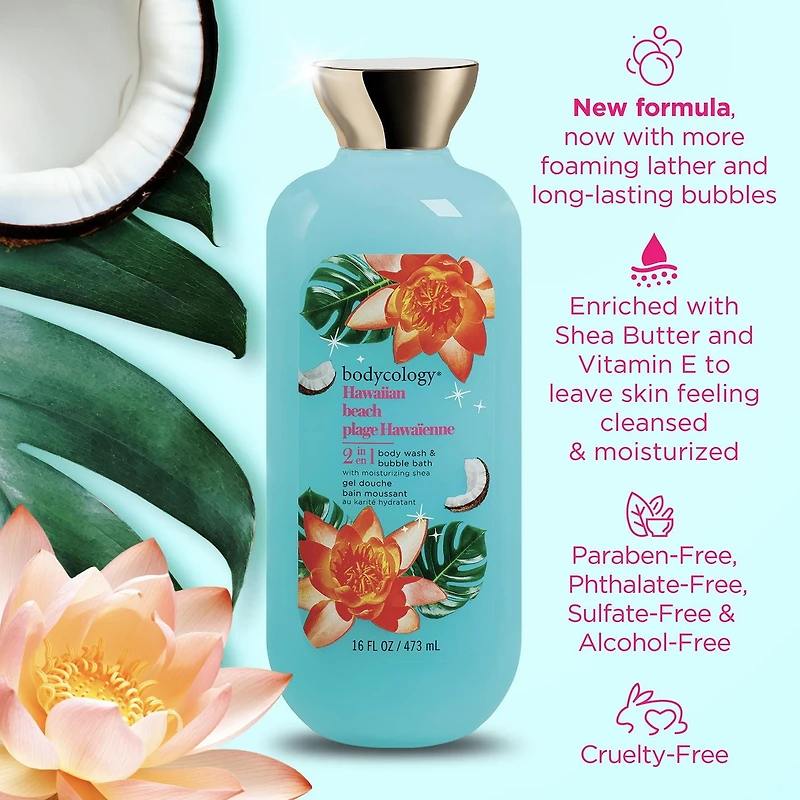 Bodycology Hawaiian Beach 2-in-1 Body Wash and Bubble Bath, 473 ml