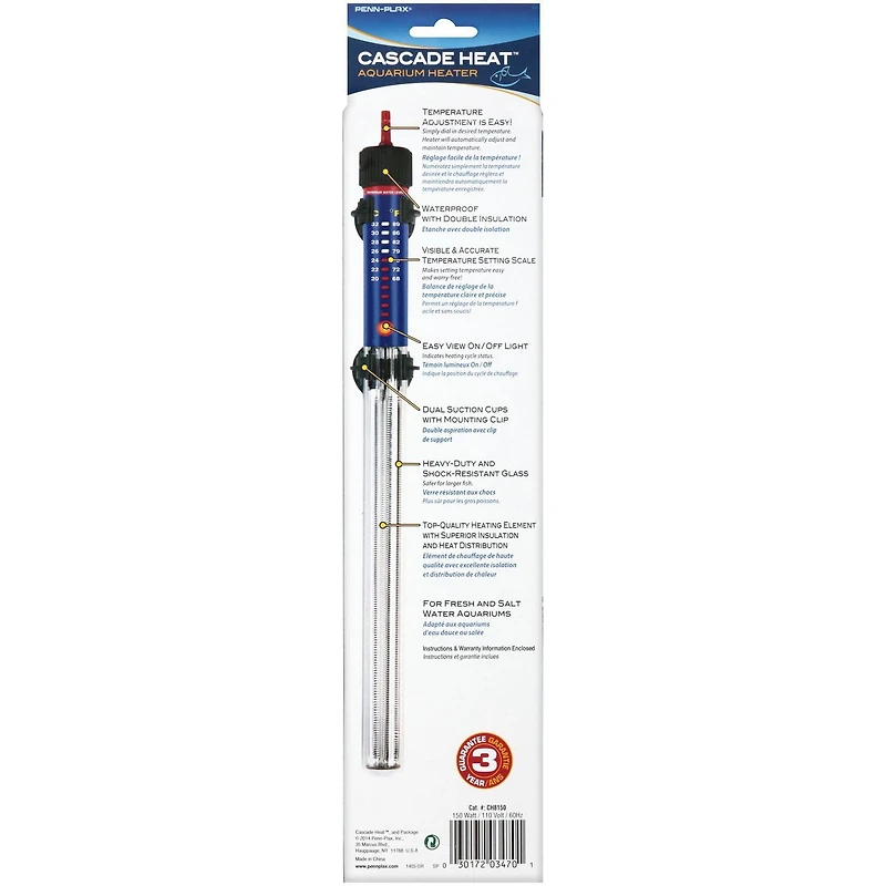 PENN-PLAX Cascade Heat Aquarium Heater – Fully Submersible – Great for Freshwater and Saltwater Fish Tanks – 11” Length – 150 Watt