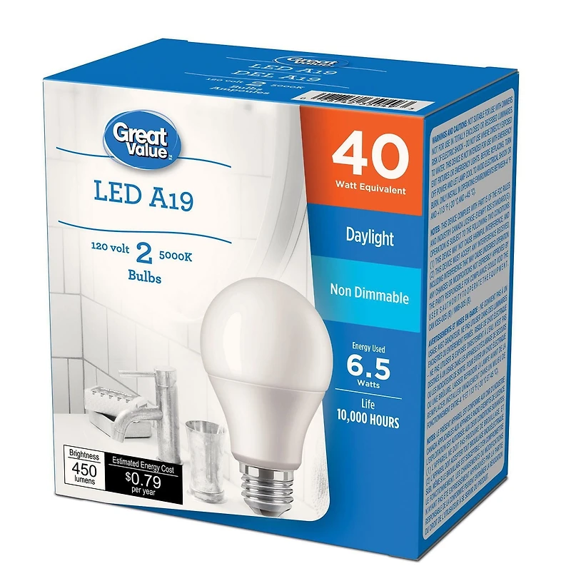 Great Value 40W A19 Daylight LED bulbs 2-pack, GV LED 40W A19
