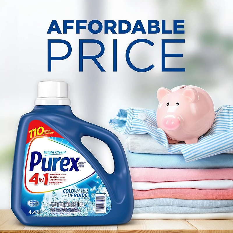 Purex 4 en 1 détergent à lessive liquid concentré, eau froide, 4,43 litres, 110 brassées 4,43 litres, 110 Brassées