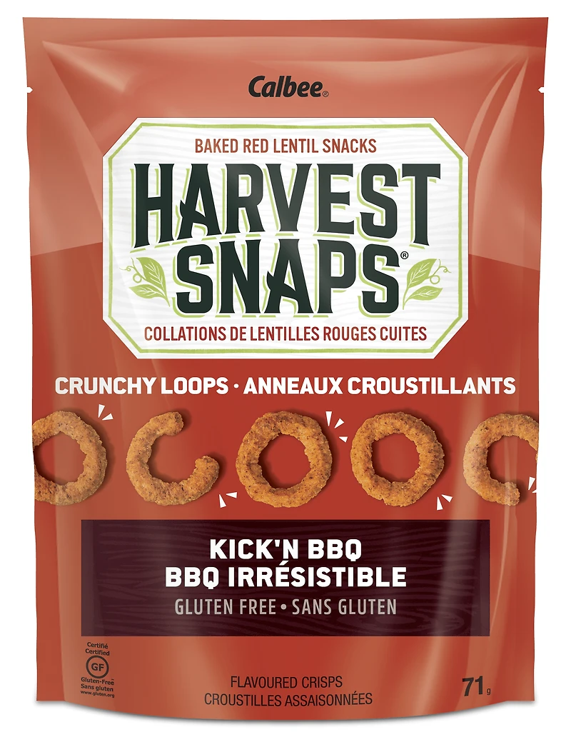 Harvest Snaps Crunchy Loops Kick'n Barbecue 71g Harvest Snaps Crunchy Loops Baked Red Lentil Snacks, Kick’N BBQ, Sans gluten