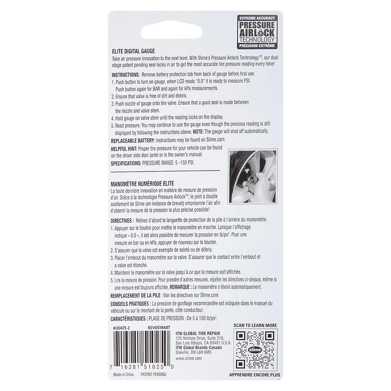 Manomètre numérique pour pneus élite Slime 5-150 PSI