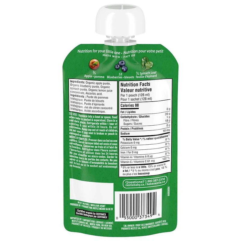 Purée GERBER Biologique Pomme Bleuet Épinard pour bébés 128 mL