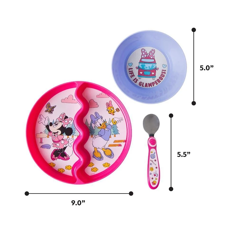 Ensemble repas 3 pièces Disney Minnie Mouse avec assiette à ventouse, bol et cuillère