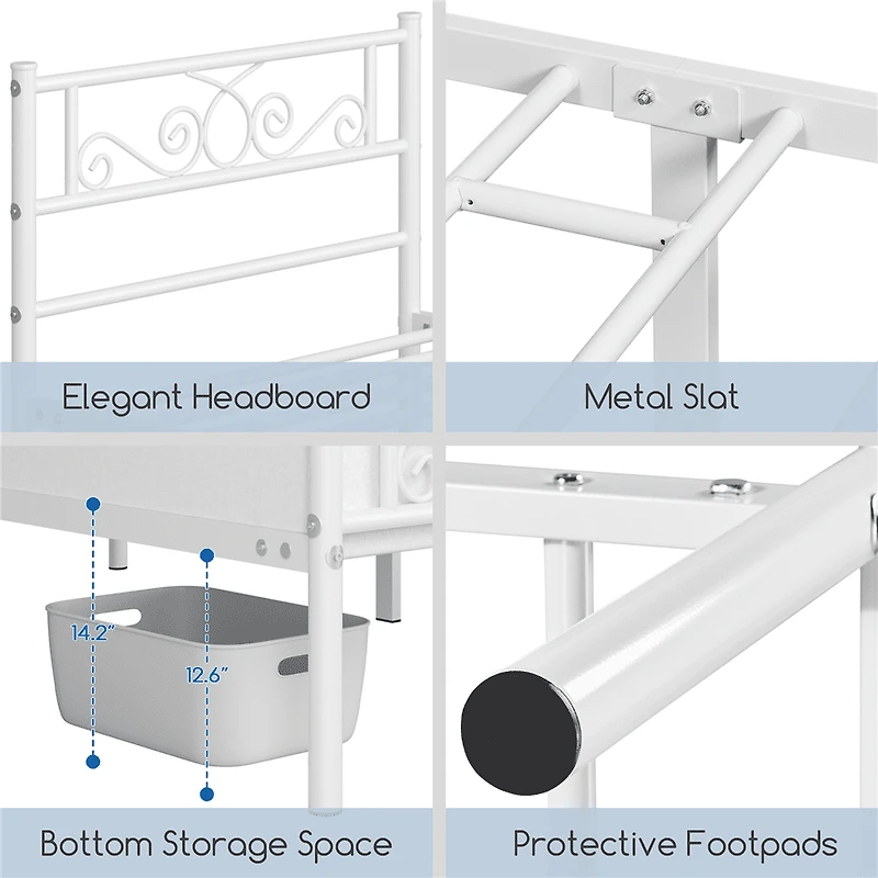 Fullfurnique Cadre de Lit Métallique avec Tête et Pied de Lit à Volutes, Deux Places, Blanc