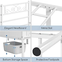 Fullfurnique Cadre de Lit Métallique avec Tête et Pied de Lit à Volutes, Deux Places, Blanc