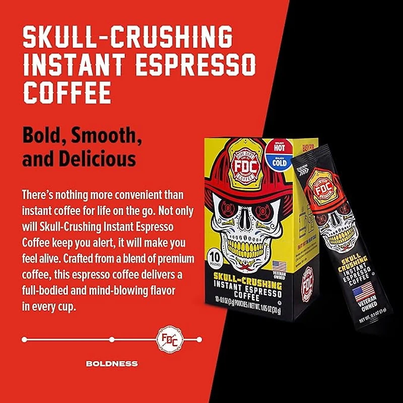 Fire Department Coffee, Skull-Crushing Instant Espresso, Instant Coffee Packets, Pack of 10